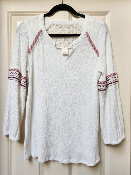 Skies Are Blue Tops - Skies Are Blue White Embroidered Long-Sleeve Women’s Top